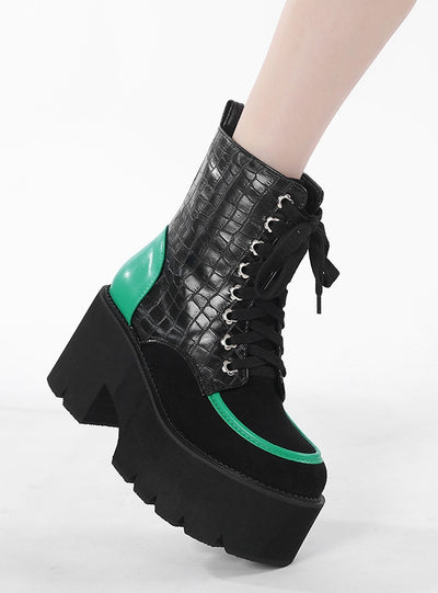 Contrasting Serpentine Embossed Thick-soled Heel Booties