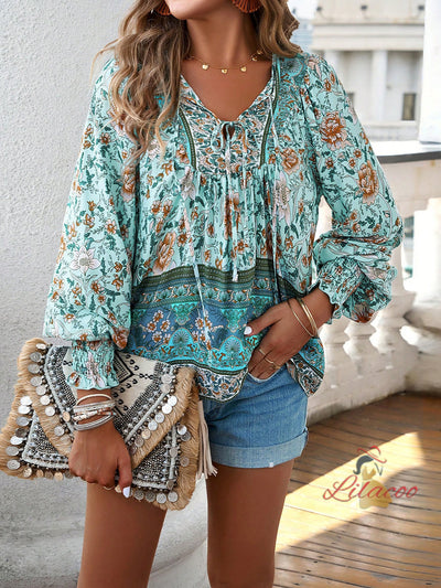 Printed Long-sleeved V-neck Shirt