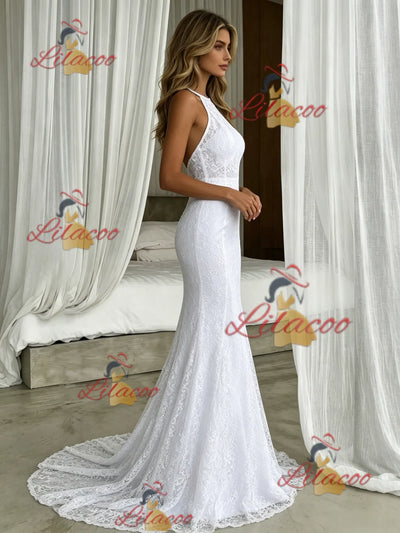 White Mermaid Lace Halter Wedding Dress