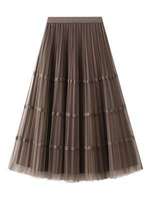 High Waist Lace Stitching Pleats on Both Sides of Mesh Skirt