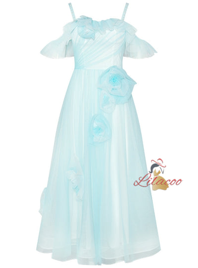 Light Blue Tulle Straps Flower Prom Dress