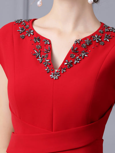 Red Cap Sleeve Beading Mother Of The Bride Dress