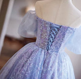 Purple Tulle Puff Sleeve Pleats Flower Homecoming Dress