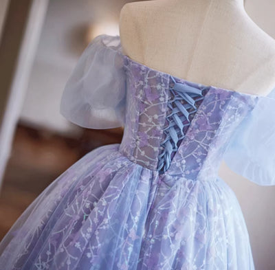 Purple Tulle Puff Sleeve Pleats Flower Homecoming Dress