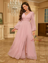 V-neck Bubble Sleeve Chiffon Evening Dress
