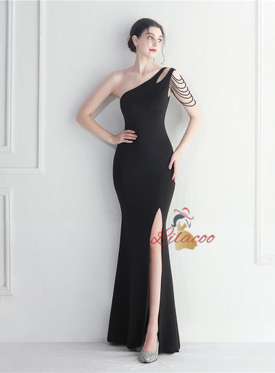 Mermaid One Shoulder Beading Split Prom Dress