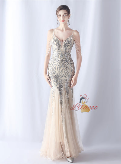 Sequins Tulle Straps Beading Prom Dress