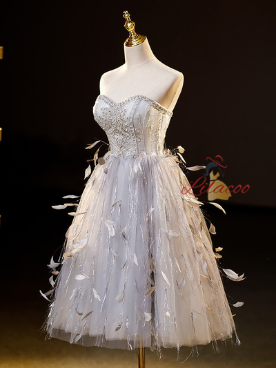 Gray Tulle Feather Beading Short Prom Dress