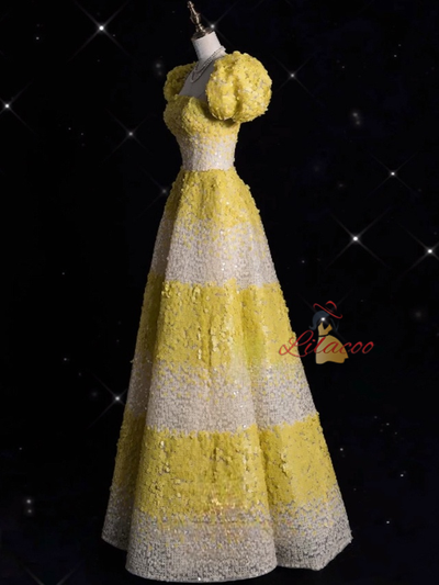 Yellow Sequins Puff Sleeve Prom Dress