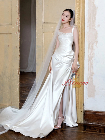 White Satin Straps Pleats Wedding Dress