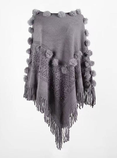 Fringed Fur Ball Round Neck Shawl Cloak