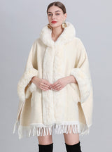 Loose Padded Hooded Pocket Fringed Cloak Shawl