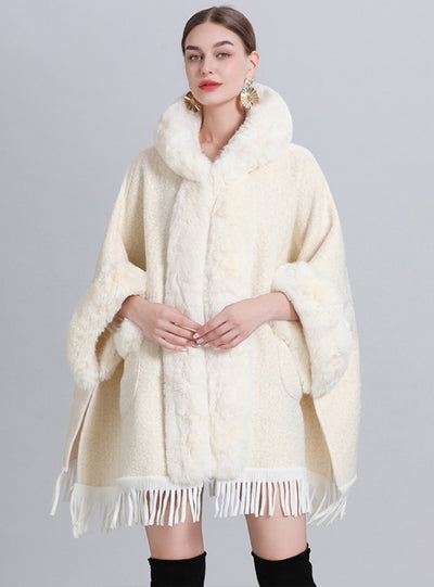 Loose Padded Hooded Pocket Fringed Cloak Shawl