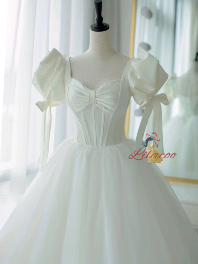 White Tulle Puff Sleeve Bow Wedding Dress