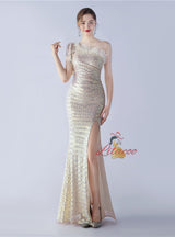 One Shoulder Split Sequins Prom Dress