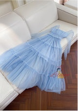Retro Blue Square Collar Gauze Banquet Dress