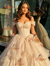 Champagne Tulle Off the Shoulder Beading Quinceanera Dress