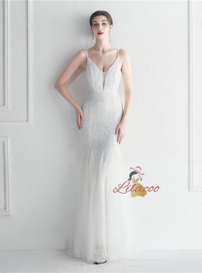 Sequins Tulle Spaghetti Straps Prom Dress