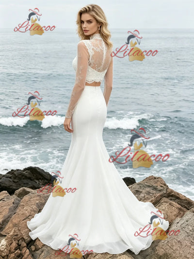 White Mermaid Two Piece Long Sleeve Wedding Dress