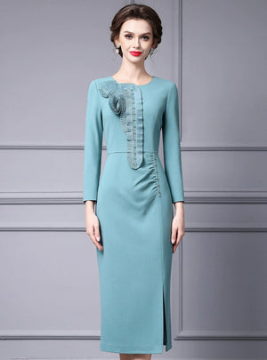 Green Long Sleeve Pleats Split Mother Of The Bride Dress