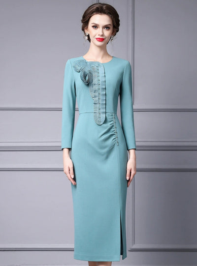 Green Long Sleeve Pleats Split Mother Of The Bride Dress
