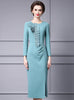 Green Long Sleeve Pleats Split Mother Of The Bride Dress