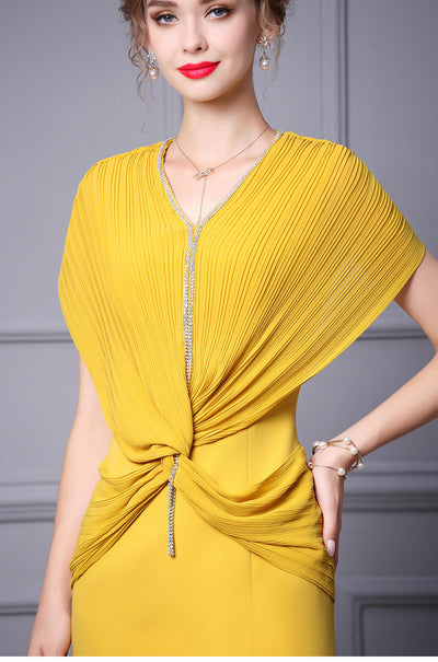 Yellow Chiffon Pleats Mother Of The Bride Dress