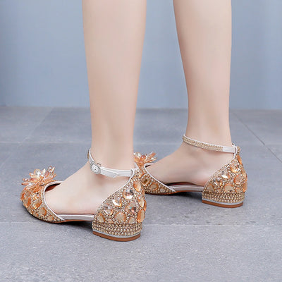 Flat-heeled Pointed Crystal Buckle Bridal Shoes