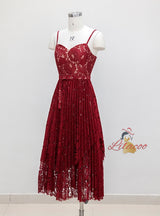 Burgundy Lace Spaghetti Straps Prom Dress