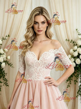 Pink Tulle Lace Short Sleeve Wedding Dress