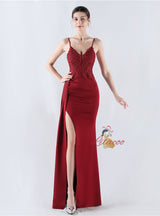 Mermaid Spaghetti Straps Lace Appliques Split Prom Dress