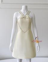 Yellow Satin Bow Beading Prom Dress