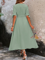 Casual High Waist Elastic V-neck Solid Color Dress