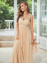 Apricot Chiffon V-neck Lace Party Dress