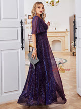 Purple Short Sleeve V-neck Prom Dress