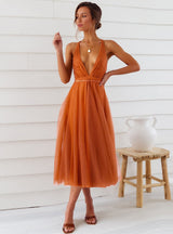 Sling Lace Up Back Gauze Short Dress