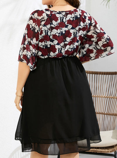 V-neck Rose Printed Chiffon Short-sleeved Dress