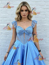 Blue Satin Straps Pleats Prom Dress
