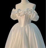 White Satin 3D Flower Pearls Wedding Dress