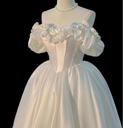 White Satin 3D Flower Pearls Wedding Dress