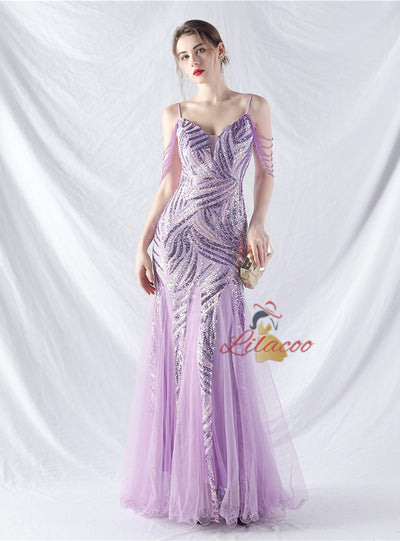 Spaghetti Straps Mermaid Sequins Tulle Beading Prom Dress