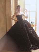 Black Sequins Strapless Beading Prom Dress