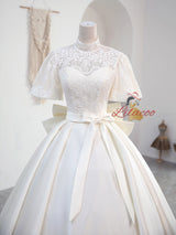 Ivory White Satin High Neck Wedding Dress