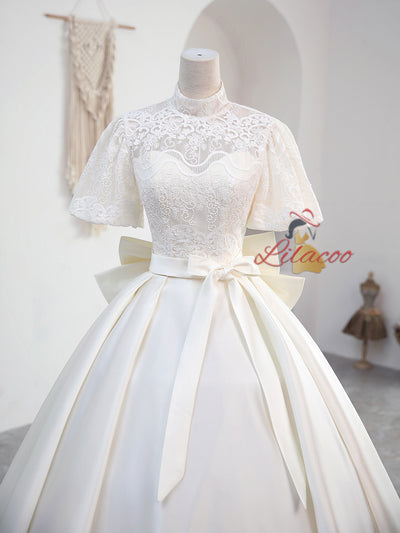 Ivory White Satin High Neck Wedding Dress