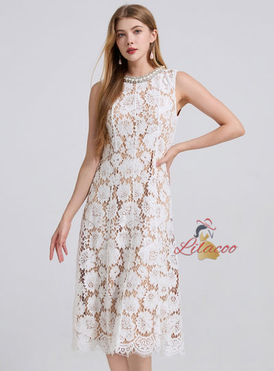 Heavy Industry Beaded Round Neck Lace Dress