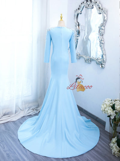Blue Mermaid Pleats Beading Long Sleeve Prom Dress