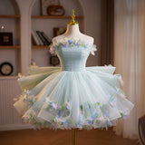 Green Tulle Strapless Flower Homecoming Dress