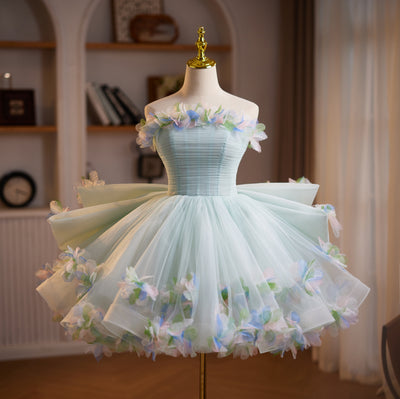 Green Tulle Strapless Flower Homecoming Dress