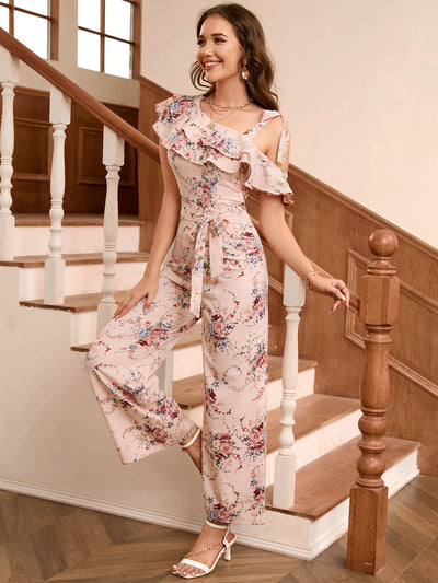 Printed Diagonal Shoulder Flounce Jumpsuit
