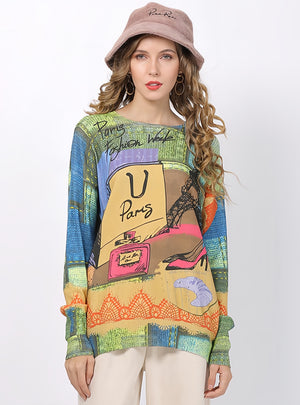 Loose Long-sleeved Round Neck Animal Prints Sweater